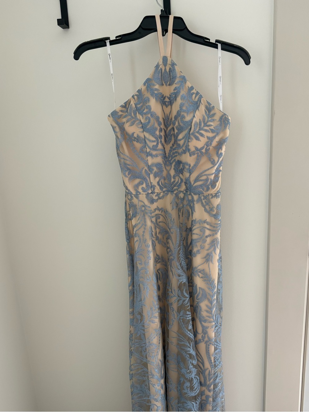 Halter Lace-Overlay Prom Dress in Beige and Light Blue